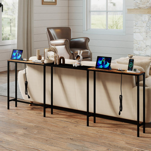 Narrow Sofa Table with 2 Power Outlets, 86.6-110.2 Inch Adjustable Length