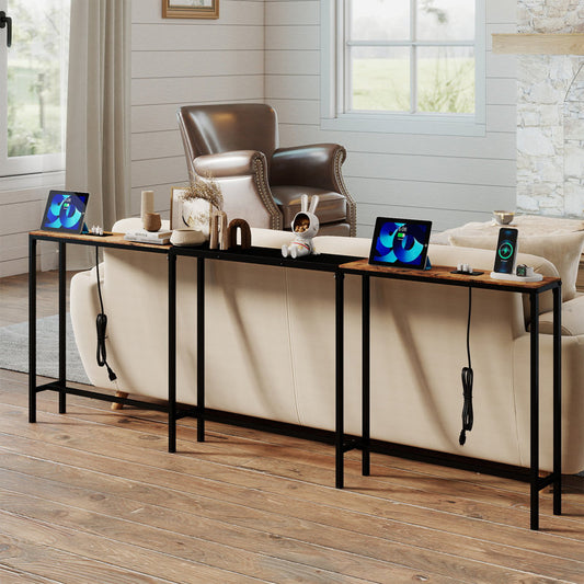 Narrow Sofa Table with 2 Power Outlets, 86.6-110.2 Inch Adjustable Length