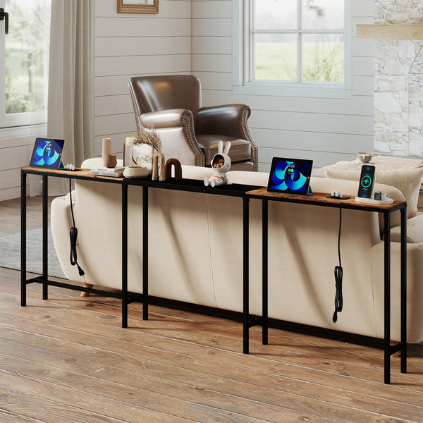 Narrow Sofa Table with 2 Power Outlets, 86.6-110.2 Inch Adjustable Length
