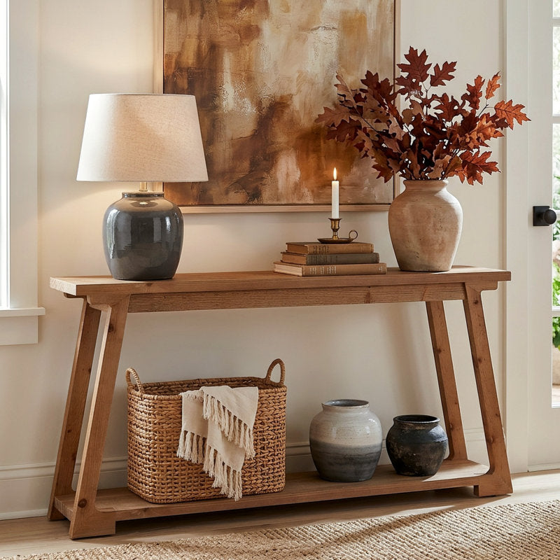 63-Inch Long Solid Wood Console Table, 2-Tier Narrow Sofa Table For Living Room, Entryway
