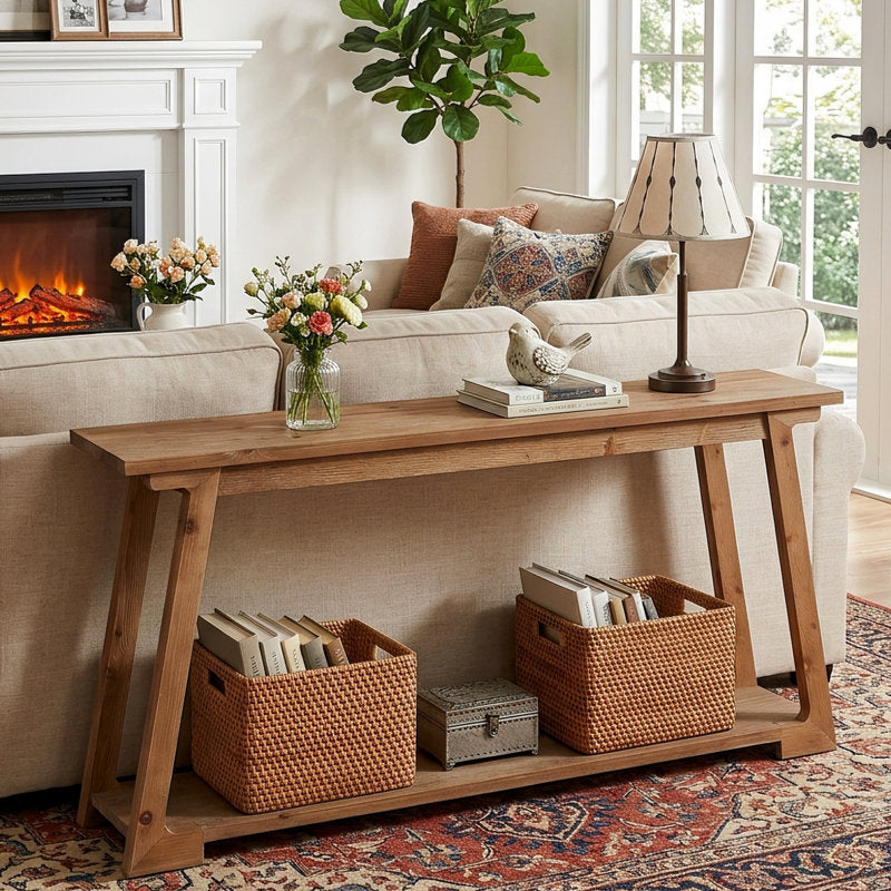 63-Inch Long Solid Wood Console Table, 2-Tier Narrow Sofa Table For Living Room, Entryway