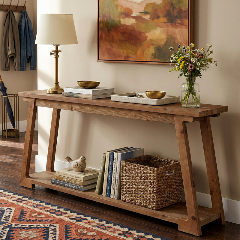 63-Inch Long Solid Wood Console Table, 2-Tier Narrow Sofa Table For Living Room, Entryway
