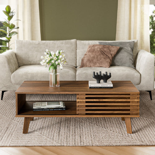 Enely Coffee Table with Storage and Slatted Sliding Door