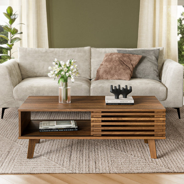 Enely Coffee Table with Storage and Slatted Sliding Door
