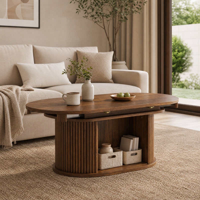 45" Fluted Oval Extendable Coffee Table with Hidden Storage
