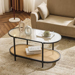 Akinola Glass Top Coffee Table with Rattan Shelf