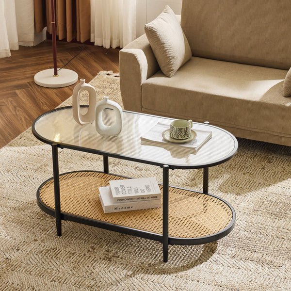 Akinola Glass Top Coffee Table with Rattan Shelf