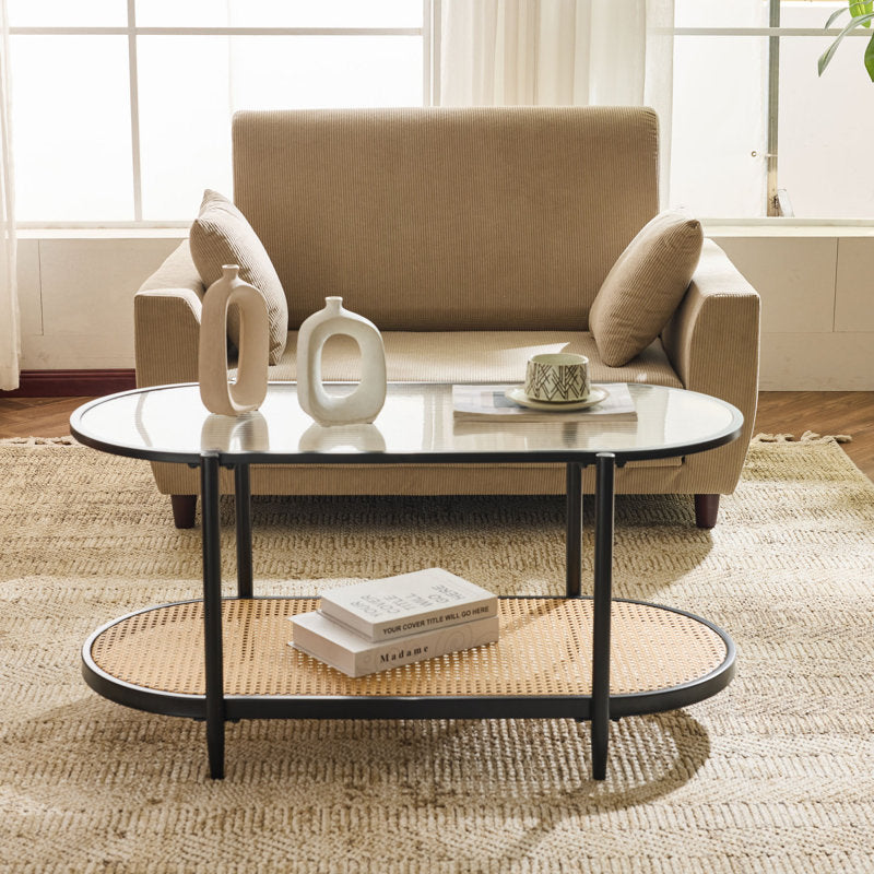 Akinola Glass Top Coffee Table with Rattan Shelf