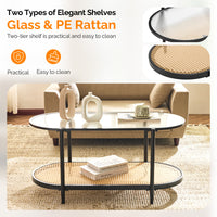 Akinola Glass Top Coffee Table with Rattan Shelf