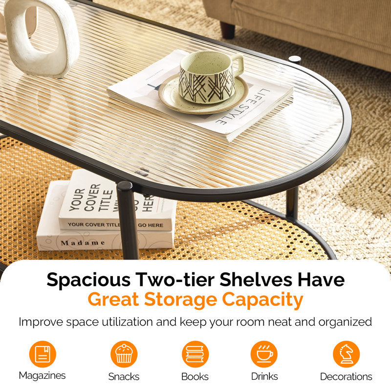 Akinola Glass Top Coffee Table with Rattan Shelf