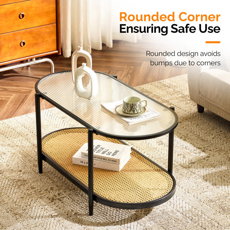 Akinola Glass Top Coffee Table with Rattan Shelf