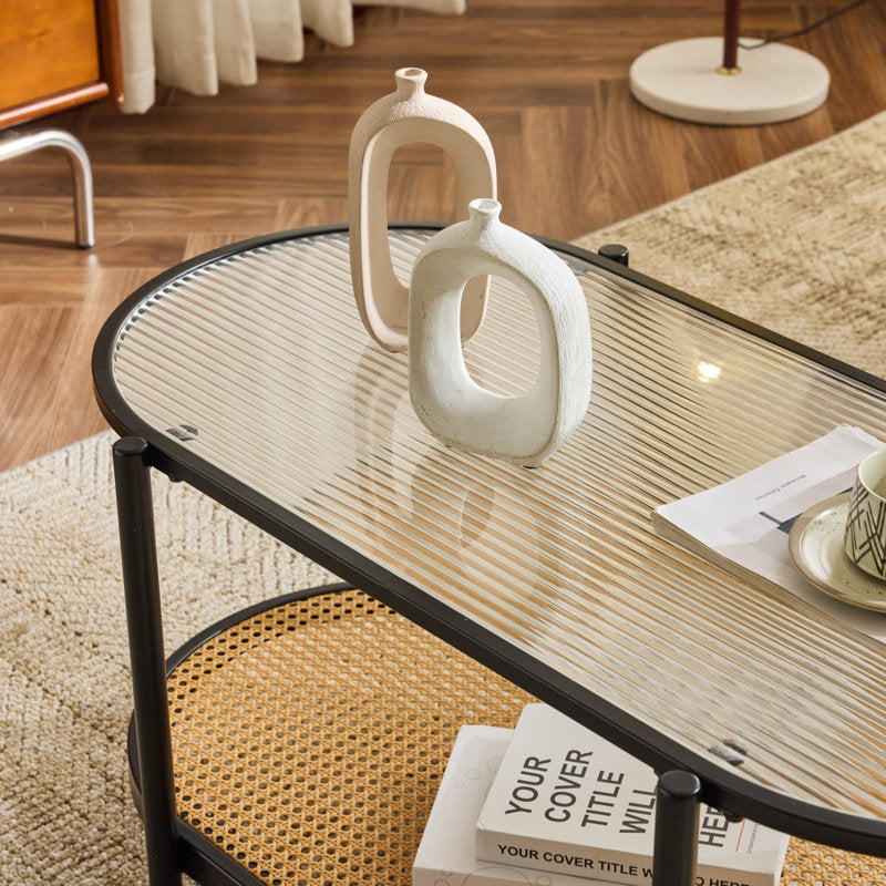 Akinola Glass Top Coffee Table with Rattan Shelf