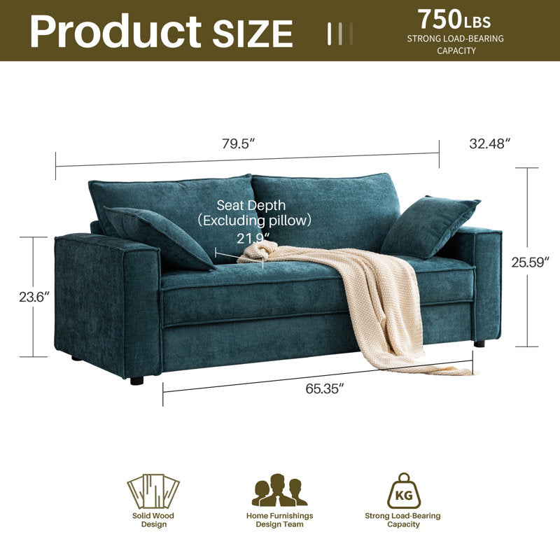 91.73'' Upholstered Square Arm Sofa, Light Blue Chenille