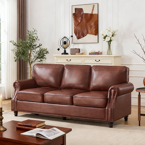 Vintage Nailhead Trim 3-Seater Sofa with Rolled Arms & Wood Legs