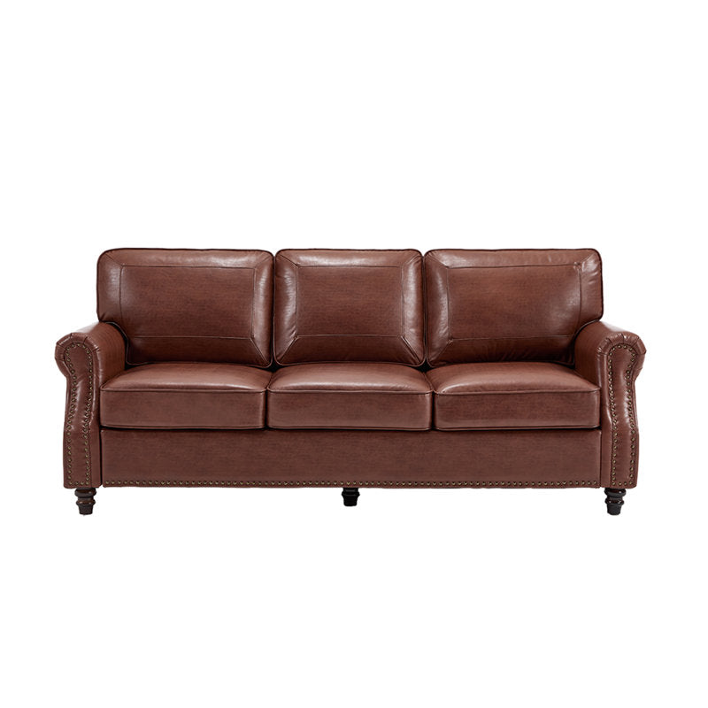 Vintage Nailhead Trim 3-Seater Sofa with Rolled Arms & Wood Legs