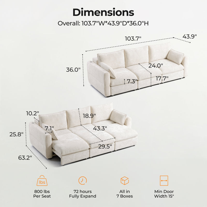 104'' Velvet Power Recliner Extendable Sleeper Sofa, 3-Seat Couch