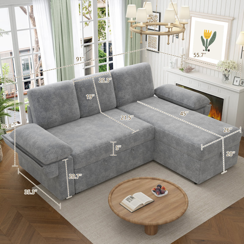 Jilisa 91" Modern 3-Seater Pull Out Sofa Bed - L Shaped Sofa Couch with Storage Chaise