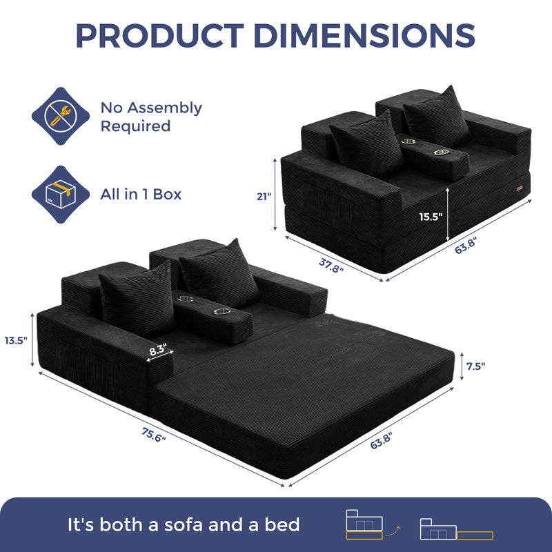 Boneless 4 In 1 Convertible Boneless Sofa Couch Foldable Floor Sofa Bed In A Box With 2 Cup Holders