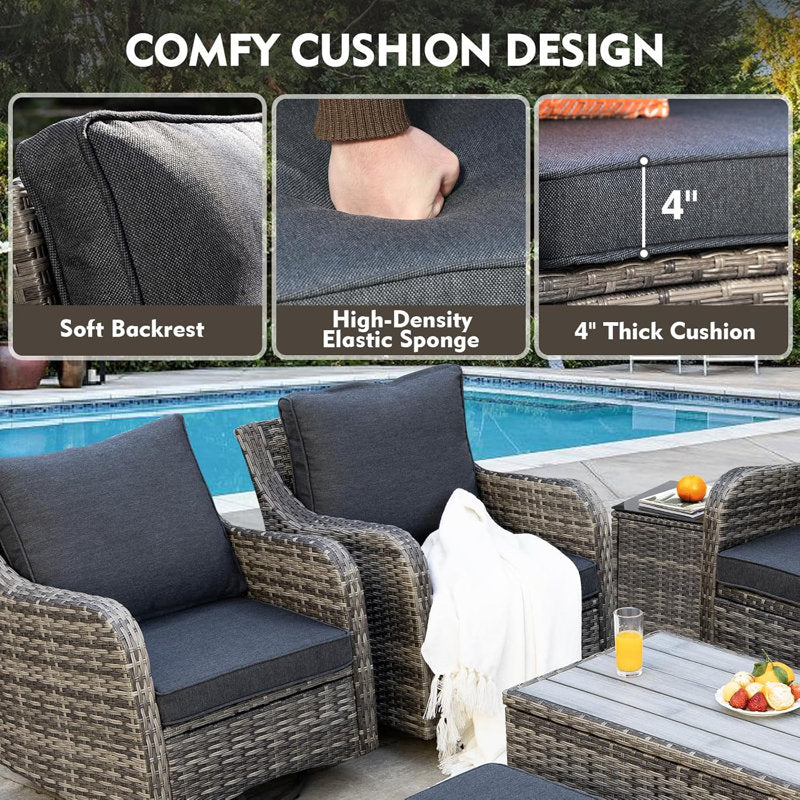 Patio Furniture Set With Swivel Rocking Chairs, 6 Pieces Patio Conversation Set, Outdoor Wicker Sofa Couch With Waterproof Cushions For Lawn Backyard Porch (Grey)