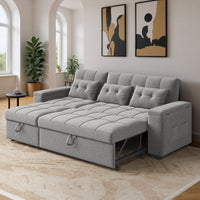 Upholstered Sleeper Sofa with Pull-Out Bed & Chaise Lounge - Wide Storage Arms & Side Pockets for Living Room, Bedroom, or Home Office