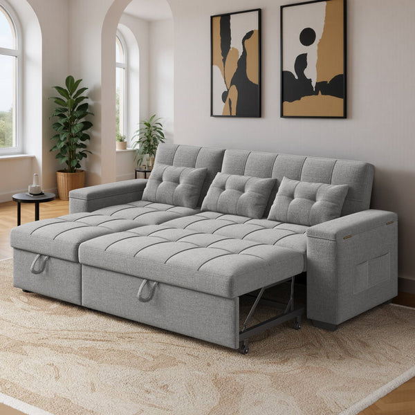 Upholstered Sleeper Sofa with Pull-Out Bed & Chaise Lounge - Wide Storage Arms & Side Pockets for Living Room, Bedroom, or Home Office