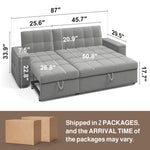 Upholstered Sleeper Sofa with Pull-Out Bed & Chaise Lounge - Wide Storage Arms & Side Pockets for Living Room, Bedroom, or Home Office