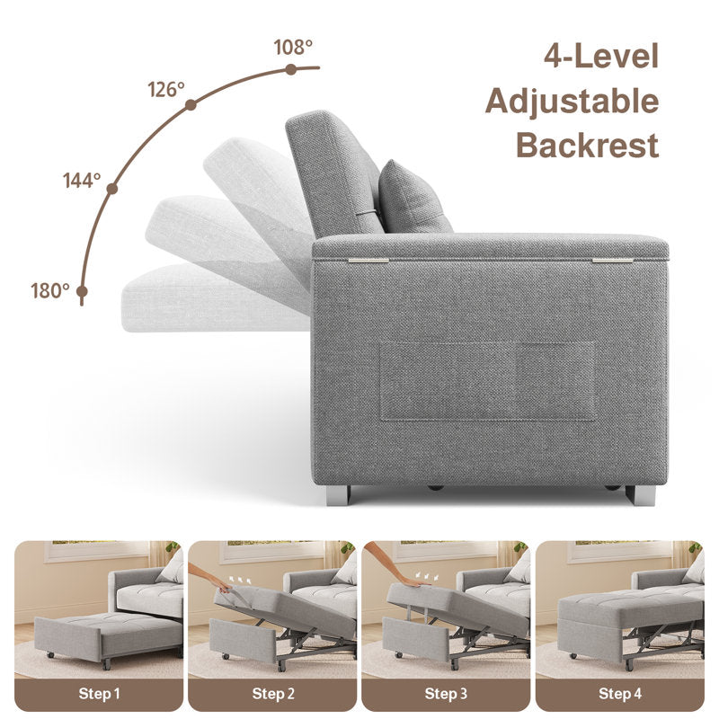 Upholstered Sleeper Sofa with Pull-Out Bed & Chaise Lounge - Wide Storage Arms & Side Pockets for Living Room, Bedroom, or Home Office