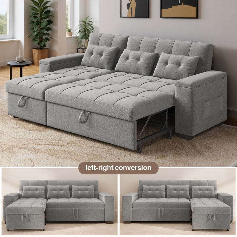 Upholstered Sleeper Sofa with Pull-Out Bed & Chaise Lounge - Wide Storage Arms & Side Pockets for Living Room, Bedroom, or Home Office