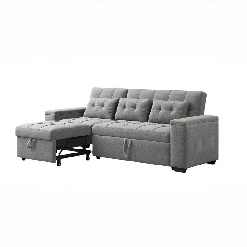 Upholstered Sleeper Sofa with Pull-Out Bed & Chaise Lounge - Wide Storage Arms & Side Pockets for Living Room, Bedroom, or Home Office