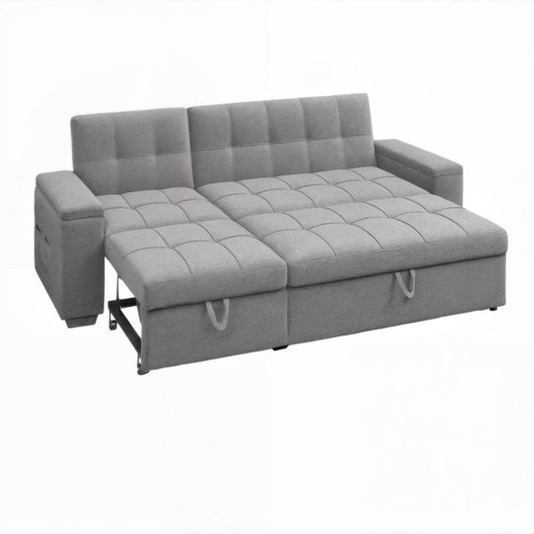 Upholstered Sleeper Sofa with Pull-Out Bed & Chaise Lounge - Wide Storage Arms & Side Pockets for Living Room, Bedroom, or Home Office