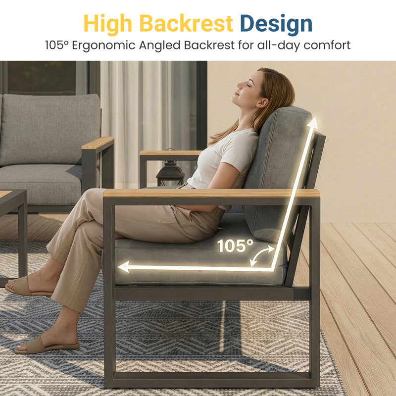 All Aluminum Patio Furniture Sets with Oversized Seating, Outdoor Furniture Set for All Weather, Outdoor Conversation Sets with Wood Armrest for Skin-friendly Touch