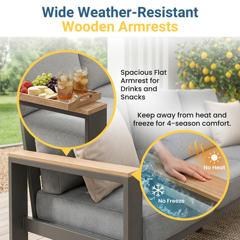 All Aluminum Patio Furniture Sets with Oversized Seating, Outdoor Furniture Set for All Weather, Outdoor Conversation Sets with Wood Armrest for Skin-friendly Touch