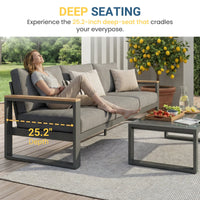 All Aluminum Patio Furniture Sets with Oversized Seating, Outdoor Furniture Set for All Weather, Outdoor Conversation Sets with Wood Armrest for Skin-friendly Touch