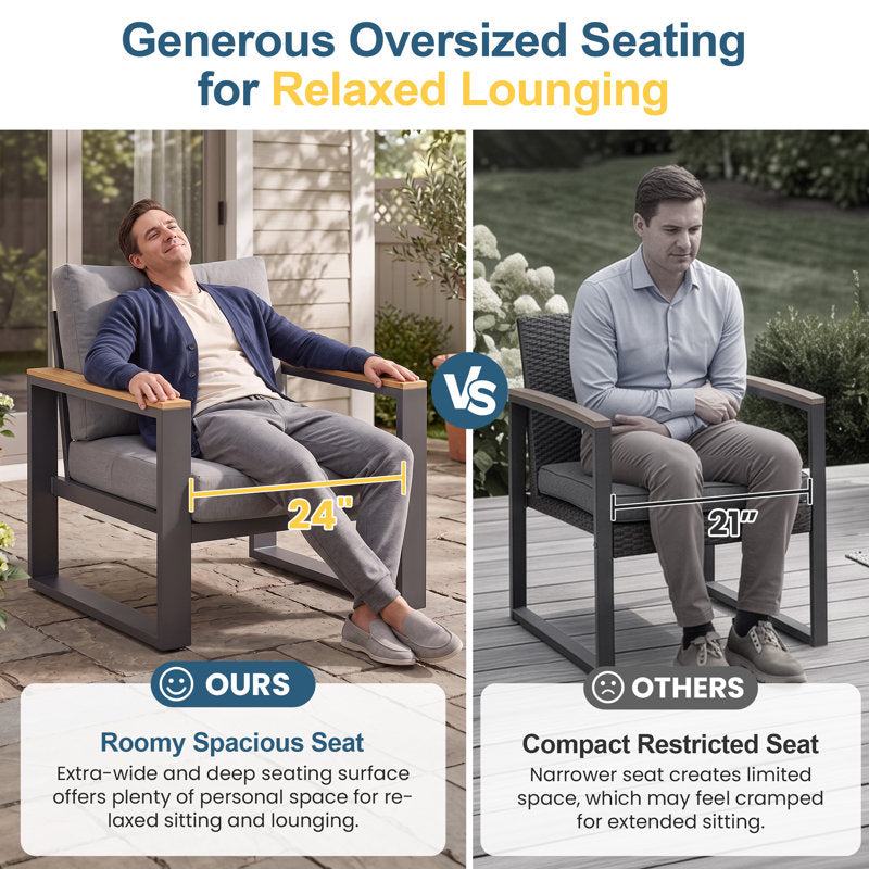 All Aluminum Patio Furniture Sets with Oversized Seating, Outdoor Furniture Set for All Weather, Outdoor Conversation Sets with Wood Armrest for Skin-friendly Touch