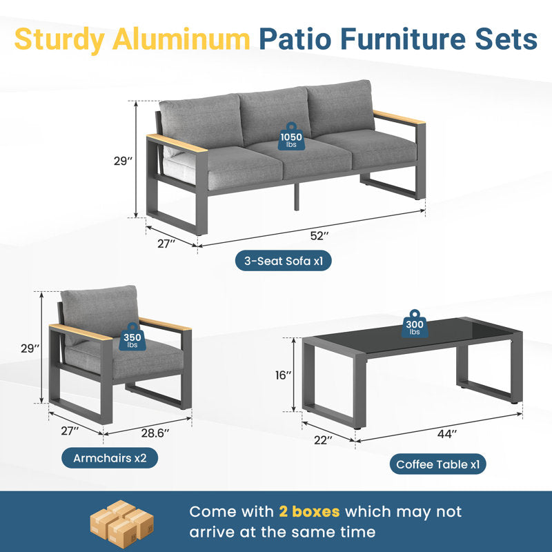 All Aluminum Patio Furniture Sets with Oversized Seating, Outdoor Furniture Set for All Weather, Outdoor Conversation Sets with Wood Armrest for Skin-friendly Touch