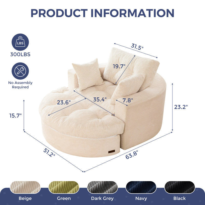 49''Round Corduroy Sofa Bed With Deep Seat, Upholstered Chaise Lounge Chair Indoor