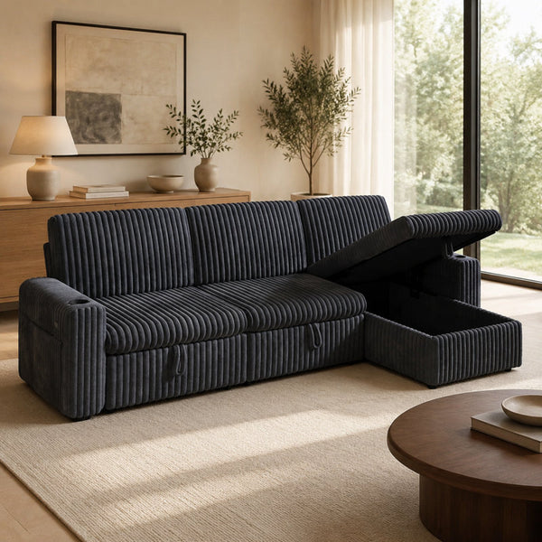 101” L Shaped Couch Sleeper Sofa Bed,Sectional Sofa With Cup Holders,Reversible Storage Chaise And Usb Ports, Tool Free Assembly
