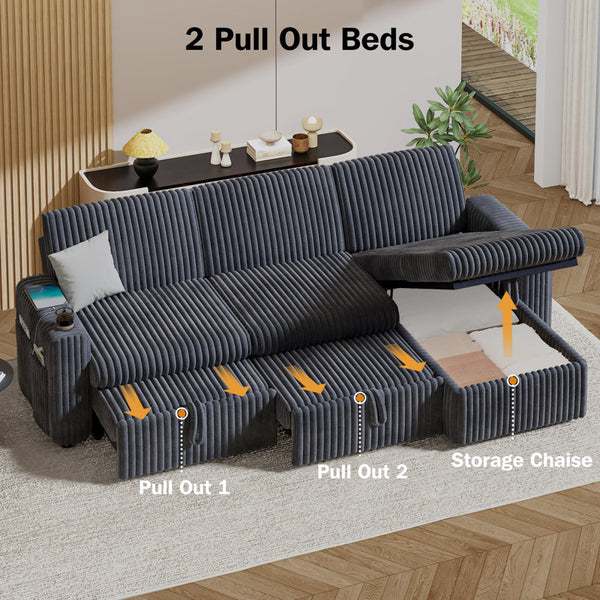 101” L Shaped Couch Sleeper Sofa Bed,Sectional Sofa With Cup Holders,Reversible Storage Chaise And Usb Ports, Tool Free Assembly