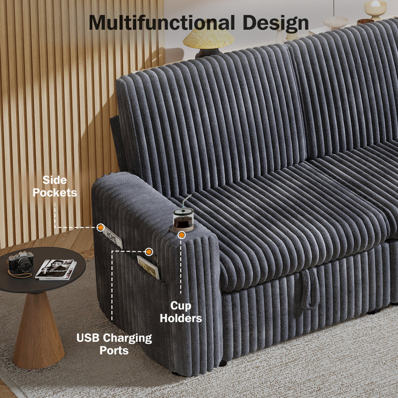101” L Shaped Couch Sleeper Sofa Bed,Sectional Sofa With Cup Holders,Reversible Storage Chaise And Usb Ports, Tool Free Assembly