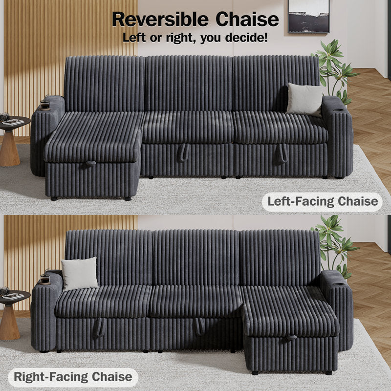 101” L Shaped Couch Sleeper Sofa Bed,Sectional Sofa With Cup Holders,Reversible Storage Chaise And Usb Ports, Tool Free Assembly