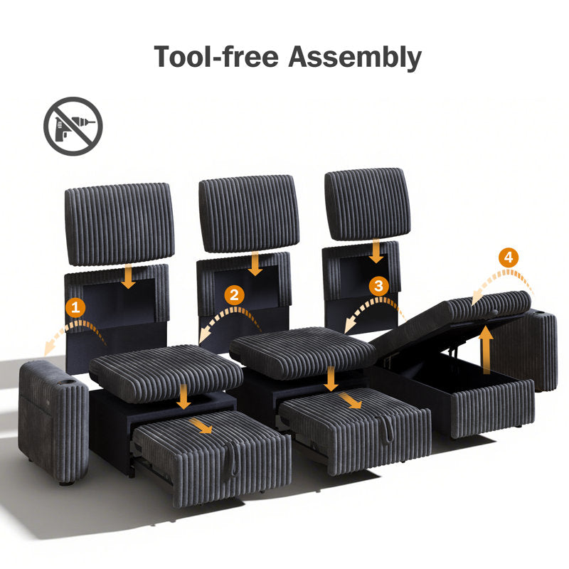 101” L Shaped Couch Sleeper Sofa Bed,Sectional Sofa With Cup Holders,Reversible Storage Chaise And Usb Ports, Tool Free Assembly