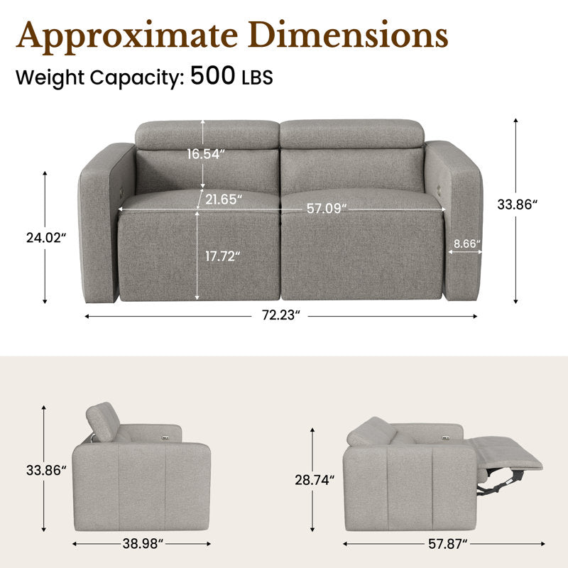 72" Wide Modern Fabric Manual 2-Seater Reclining Sofa