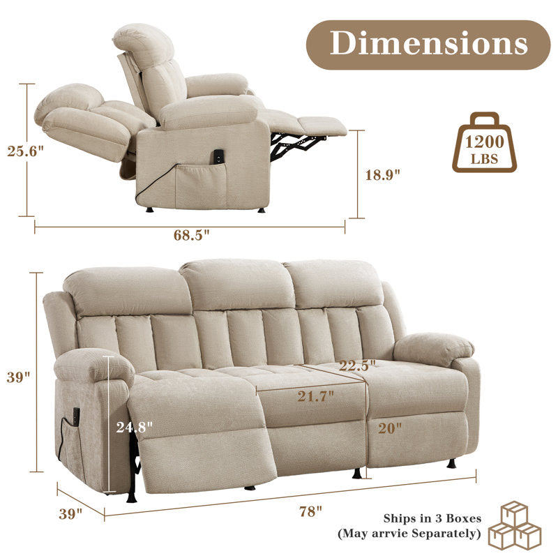 3-Seat Power Reclining Sofa With Remote Control, Oversized Reclining Couch For Living Room, Beige Chenille