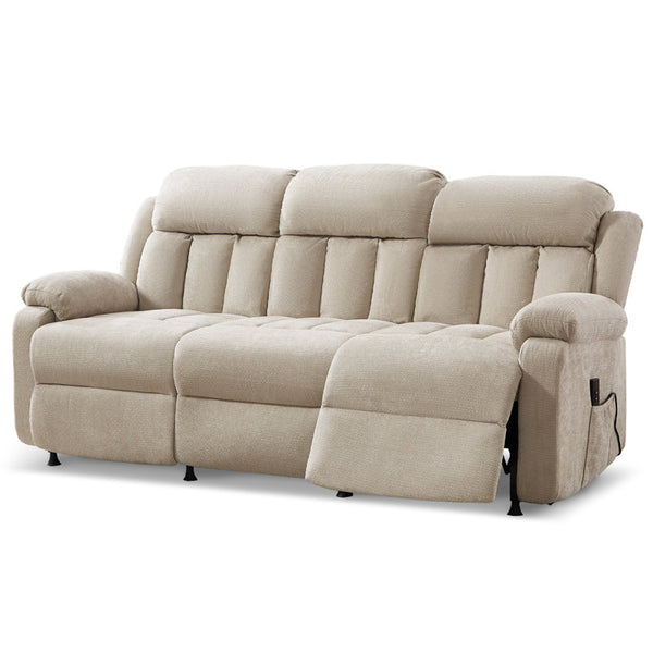 3-Seat Power Reclining Sofa With Remote Control, Oversized Reclining Couch For Living Room, Beige Chenille