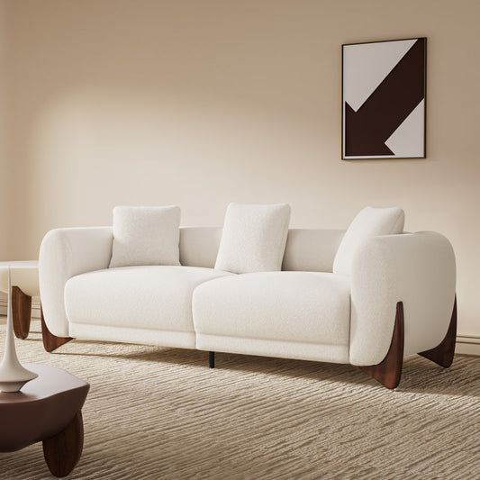 93‘’ Mid-Century Curved Bouclé Sofa, Solid Wood Frame 3-Seater Cloud Shaped Upholstered Couch, Minimalist Crescent Arched Sofa for Living Room