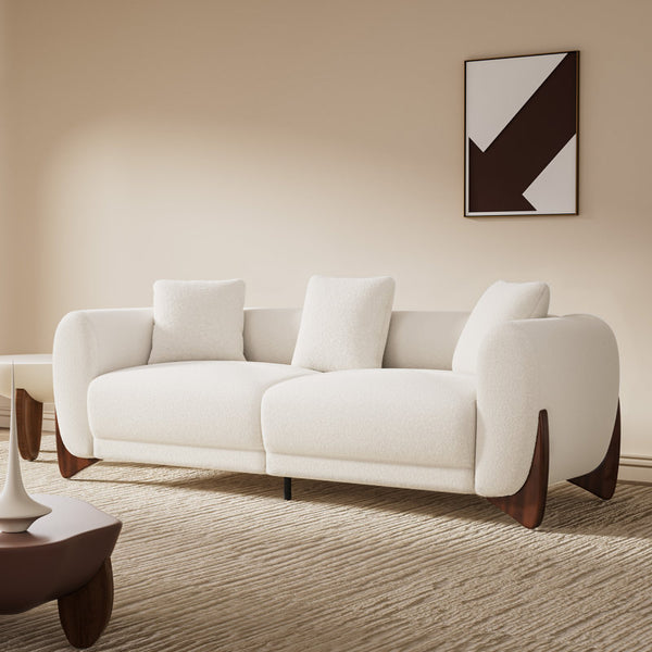 93‘’ Mid-Century Curved Bouclé Sofa, Solid Wood Frame 3-Seater Cloud Shaped Upholstered Couch, Minimalist Crescent Arched Sofa for Living Room