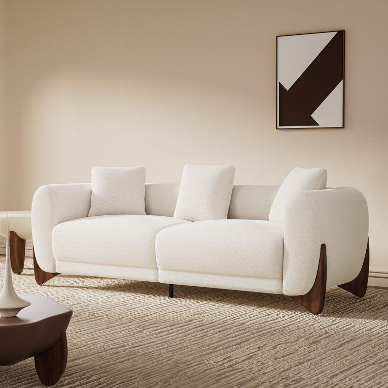 93‘’ Mid-Century Curved Bouclé Sofa, Solid Wood Frame 3-Seater Cloud Shaped Upholstered Couch, Minimalist Crescent Arched Sofa for Living Room