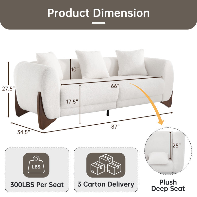 93‘’ Mid-Century Curved Bouclé Sofa, Solid Wood Frame 3-Seater Cloud Shaped Upholstered Couch, Minimalist Crescent Arched Sofa for Living Room