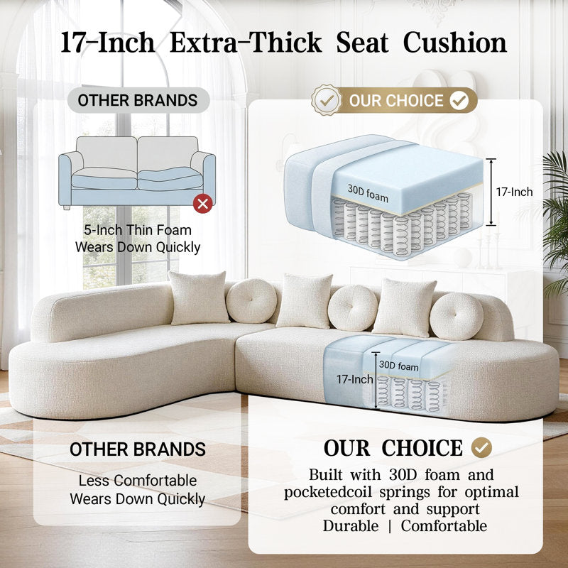 122" Modern Curved Sofa with Right Chaise, Oversized Boneless Sectional Couch with 6 Throw Pillows for Living Room
