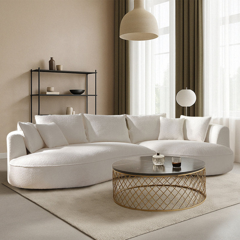 114" Curved Compressed Boucle Sectional Sofa, L-Shaped Cloud Couch with High Resilience Foam, No Assembly Required for Large Spaces